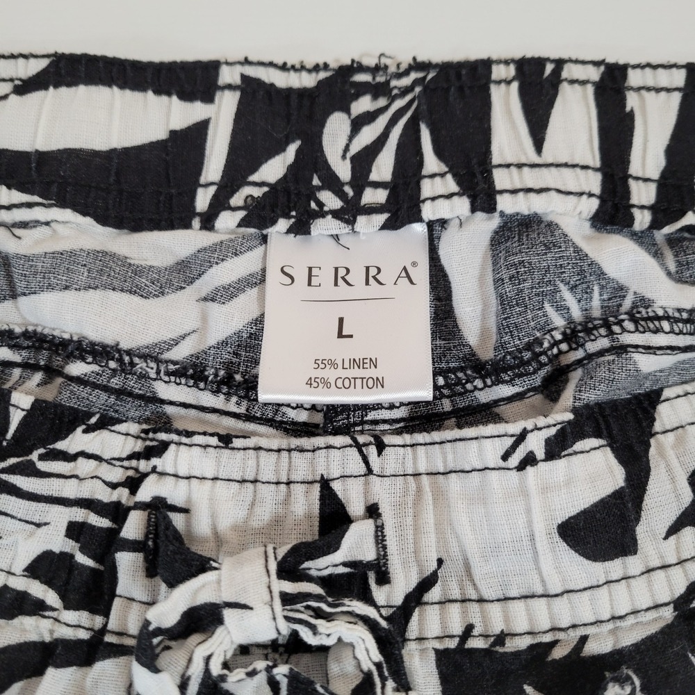 Serra Womens Pants Black White Size L Linen Blend Tropical Beach Drawstring 1275 - Picture 3 of 4